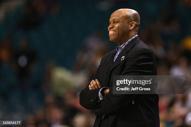 Oregon State head coach Craig Robinson smiles against Colorado during the first round of the Pac 12 Tournament at the MGM Grand Garden Arena on March...