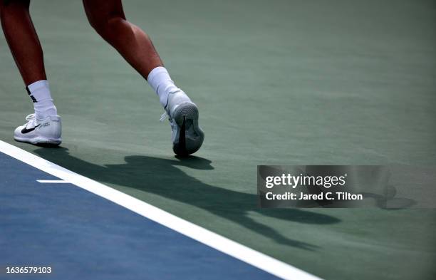 Detail of the shoes worn by Sebastian Korda of the United States as he serves to Richard Gasquet of France during their quarterfinals match of the...