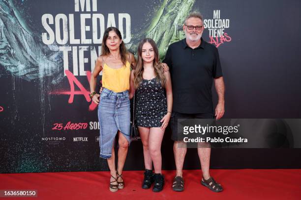 Maria Arellano, Mafalda Carbonell and Pablo Carbonell attend the film premiere of "Mi Soledad Tiene Alas" at Kinepolis Cinema on August 24, 2023 in...