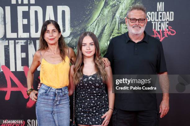Maria Arellano, Mafalda Carbonell and Pablo Carbonell attend the film premiere of "Mi Soledad Tiene Alas" at Kinepolis Cinema on August 24, 2023 in...