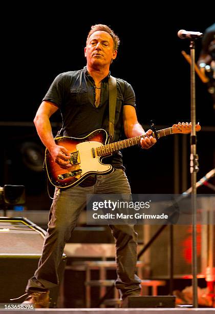 Bruce Springsteen during a sound-check ahead of the first show of his Wrecking Ball Tour at Brisbane Entertainment Centre on March 14, 2013 in...