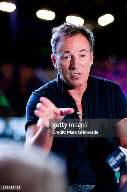 Bruce Springsteen answers questions posed by media during a sound-check ahead of the first show of his Wrecking Ball Tour at Brisbane Entertainment...