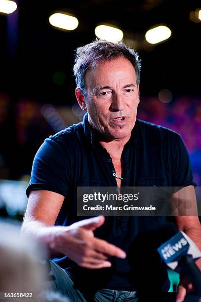 Bruce Springsteen answers questions posed by media during a sound-check ahead of the first show of his Wrecking Ball Tour at Brisbane Entertainment...