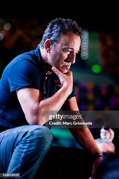 Bruce Springsteen answers questions posed by media during a sound-check ahead of the first show of his Wrecking Ball Tour at Brisbane Entertainment...