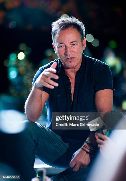 Bruce Springsteen answers questions posed by media during a sound-check ahead of the first show of his Wrecking Ball Tour at Brisbane Entertainment...