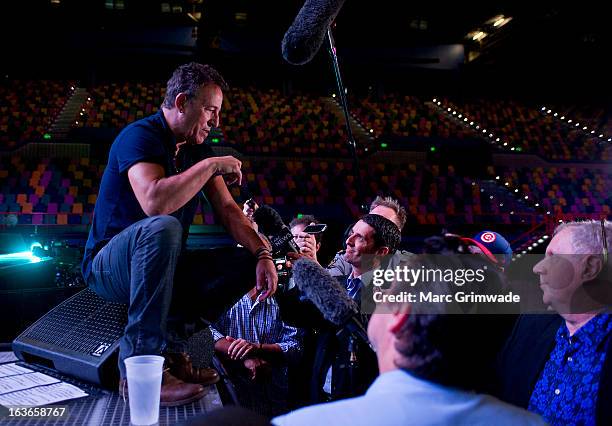 Bruce Springsteen answers questions posed by media during a sound-check ahead of the first show of his Wrecking Ball Tour at Brisbane Entertainment...