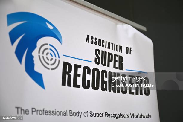 Sign shows The Association of Super Recognisers logo during a media event at a Thames Valley Police training facility in Sulhamstead near Reading on...