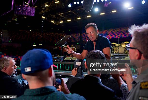 Bruce Springsteen answers questions posed by media during a sound-check ahead of the first show of his Wrecking Ball Tour at Brisbane Entertainment...