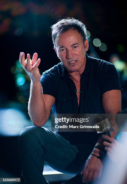 Bruce Springsteen answers questions posed by media during a sound-check ahead of the first show of his Wrecking Ball Tour at Brisbane Entertainment...