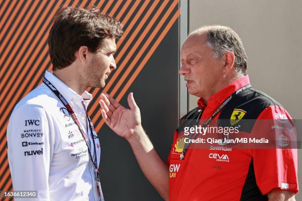 Jerome d'Ambrosio of Belgium and Mercedes-AMG PETRONAS F1 Team and Frederic Vasseur of France and Scuderia Ferrari during previews ahead of the F1...