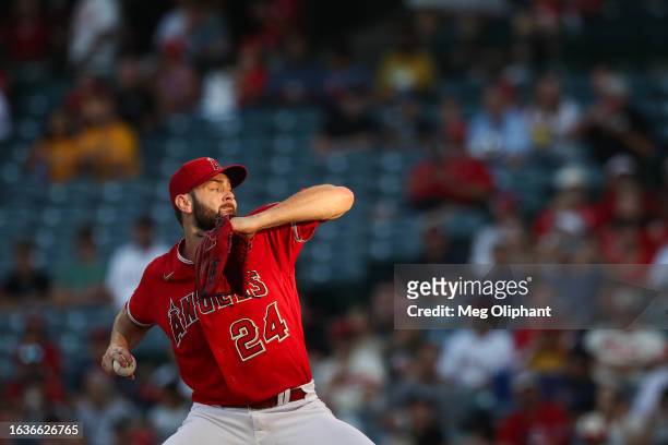 Lucas Giolito of the Los Angeles Angels pitches in the first inning against the Cincinnati Reds at Angel Stadium of Anaheim on August 22, 2023 in...