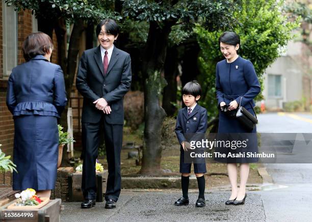 Prince Akishino, Prince Hisahito and Princess Kiko of Akishino arrive at Ochanomizu University Kindergarten on March 14, 2013 in Tokyo, Japan. Prince...