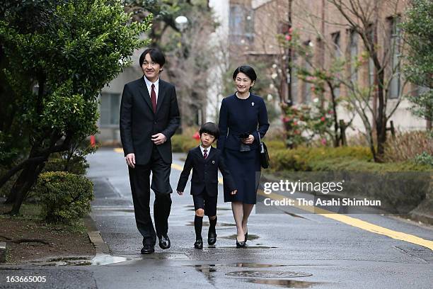 Prince Akishino, Prince Hisahito and Princess Kiko of Akishino arrive at Ochanomizu University Kindergarten on March 14, 2013 in Tokyo, Japan. Prince...