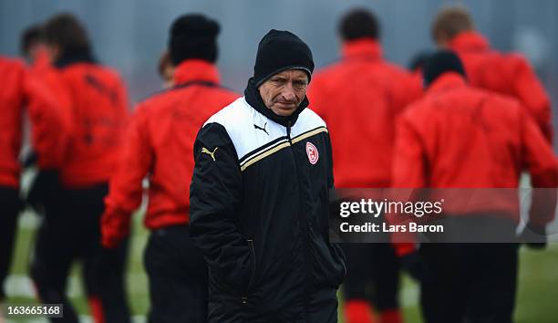 Head coach Norbert Meier looks on during a Fortuna Duesseldorf training session on March 14, 2013 in Duesseldorf, Germany.