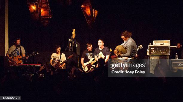 The band Fireworks performs on stage in concert at The Irving Theater on March 13, 2013 in Indianapolis, Indiana.