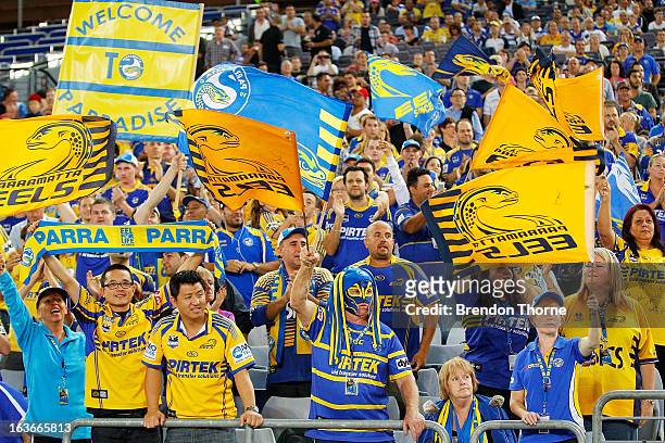 Eels supporters cheer during the round two NRL match between the Parramatta Eels and the Canterbury Bulldogs at ANZ Stadium on March 14, 2013 in...