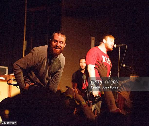 Dan "Soupy" Campbell,Matt Brasch, and Josh Martin of The Wonder Years performs in concert at The Irving Theater on March 13, 2013 in Indianapolis,...