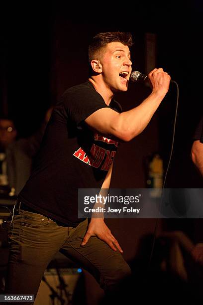 Chris Martin of the band Hostage Calm performs on stage in concert at The Irving Theater on March 13, 2013 in Indianapolis, Indiana.