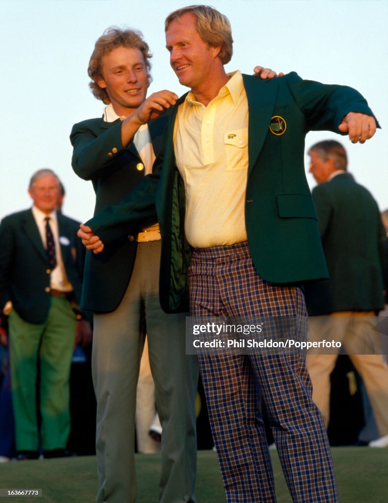 Bernhard Langer Presents Jack Nicklaus With His Green Jacket For Winning The US Masters