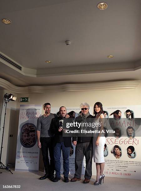 Actors Miguel Angel Silvestre, Carlos Areces, director Pedro Almodovar and actress Blanca Suarez attend 'Los Amantes Pasajeros' photocall at...