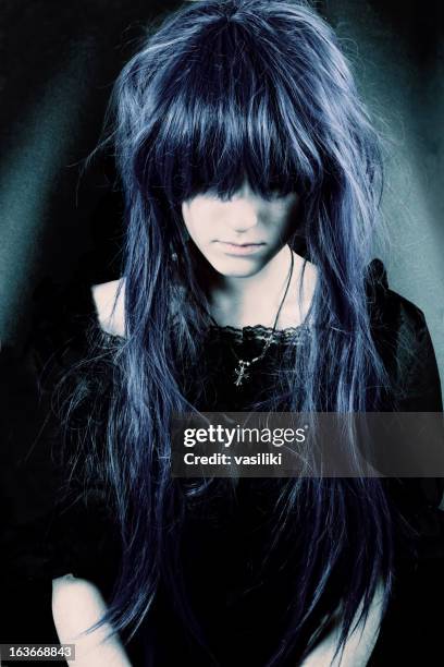 dark woman portrait - girl with blue hair stock pictures, royalty-free photos & images