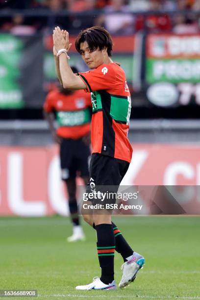 Koki Ogawa of NEC leave the field during the Dutch Eredivisie match between NEC Nijmegen and RKC Waalwijk at Goffertstadiom on August 26, 2023 in...