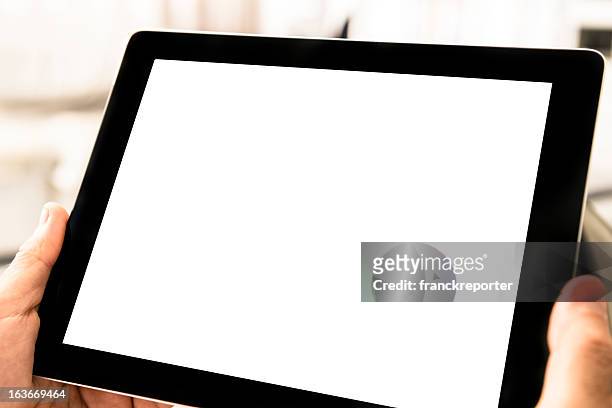 man holding a digital tablet with blank screen - tablet horizontal stock pictures, royalty-free photos & images