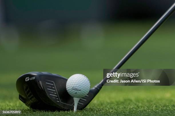 The driver and ball of Viktor Hovland of Norway teed up on hole at East Lake Golf Club on August 24, 2023 in Atlanta, Georgia.