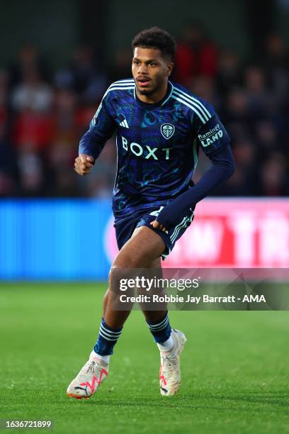 Georginio Rutter of Leeds United during the Carabao Cup Second Round match between Salford City and Leeds United at Peninsula Stadium on August 29,...