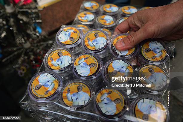 Pope Francis souvenirs on sale near to St Peter's Square on March 14, 2013 in Vatican City, Vatican. A day after thousands gathered in St Peter's...