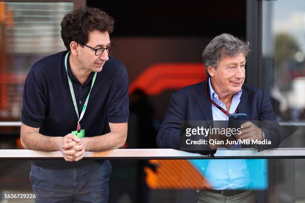 Mattia Binotto of Italy and Louis C. Camilleri during previews ahead of the F1 Grand Prix of Italy at Autodromo di Monza on August 31, 2023 in Monza,...