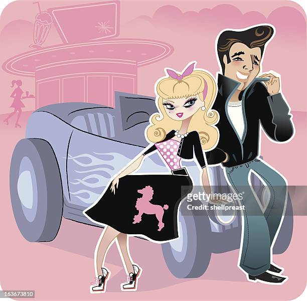 1950's drive-in with girl in poodle skirt, greaser and hotrod - 50s diner stock illustrations