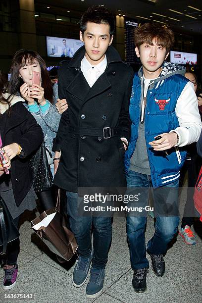 Kris of leading boy band EXO-M is seen upon arrival from China at Incheon International Airport on March 14, 2013 in Incheon, South Korea.