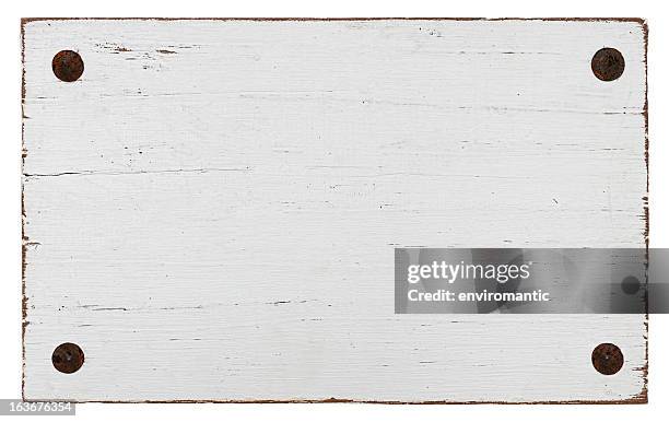 white grunge wood board with four bolts. - plakkaat stockfoto's en -beelden