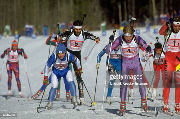 General view of the competitors during the Biathlon event at the 1988 Winter Olympic Games in Calgary, Canada. \ Mandatory Credit: Allsport UK...