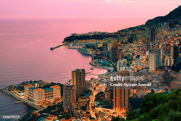 monaco, aerial view at dusk - monaco stock pictures, royalty-free photos & images