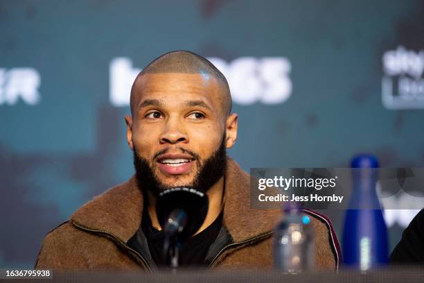 Chris Eubank Jr speaks to the media during a press conference at New Century Hall on August 31, 2023 in Manchester, England.