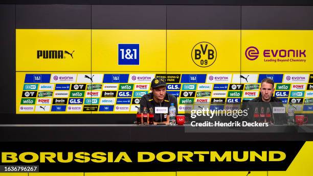 Edin Terzic, head coach of Borussia Dortmund, speaks to the media during a press conference on August 31, 2023 in Dortmund, Germany.