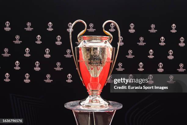 Champions League Trophy is displayed at Red Carpet of Grimaldi Forum prior UEFA Awards 2022/23 on August 31, 2023 in Monaco, Monaco.