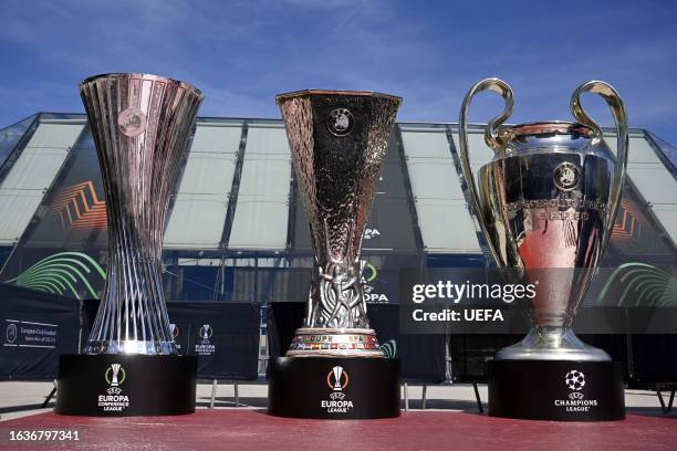 View of the giant trophies of UEFA Europa Conference League, UEFA Europa League and UEFA Champions League outside the Grimaldi Forum during the the...