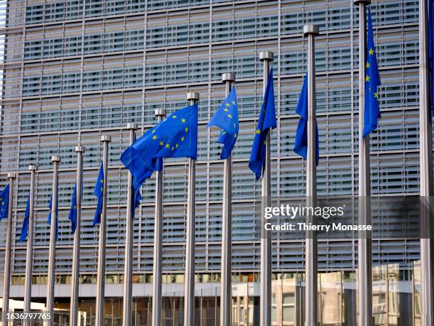 The flags of the European Union flutter in the winds in front of the Berlaymont, the EU Commission headquarter on August 31, 2023 in Brussels,...