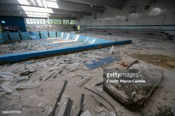View of the swimming pool of the Delphinia Sporting Club, inside the Caivano Green Park, which recently made headlines, as the site of the rape of...