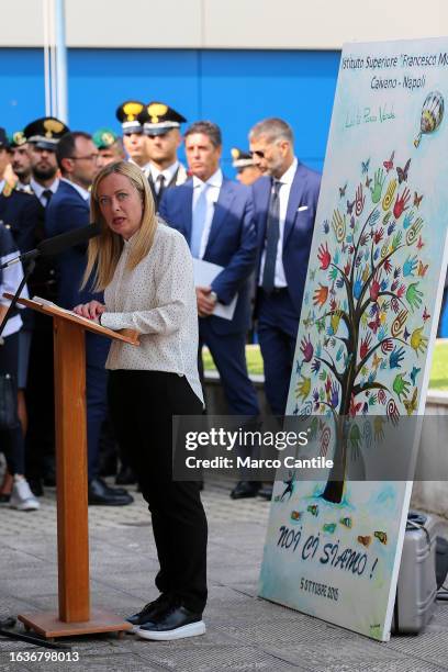 The Prime Minister, Giorgia Meloni, during the press conference at the school "Francesco Morano", after the invitation, from the local authorities,...