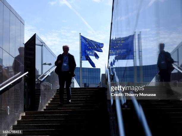 Man is walking down stairs to the Berlaymont, the EU Commission headquarter on August 31, 2023 in Brussels, Belgium. The European Commission...