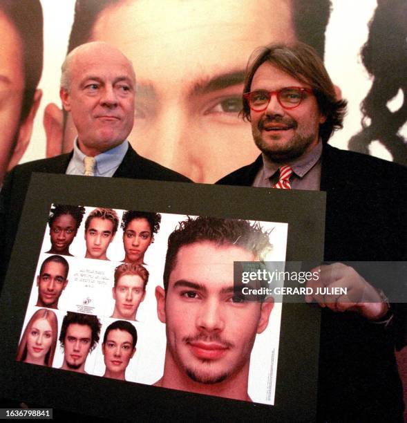 Representative in Italy, Staffan de Mistura stands next to Benetton's photographer Oliviero Toscani as he displays 13 March in Rome the group's new...