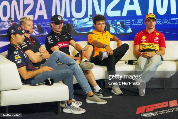 Charles Leclerc of Monaco driving the Scuderia Ferrari SF-23 Ferrari, Lando Norris of Uk driving the McLaren F1 Team MCL60 Mercedes, Valtteri Bottas...