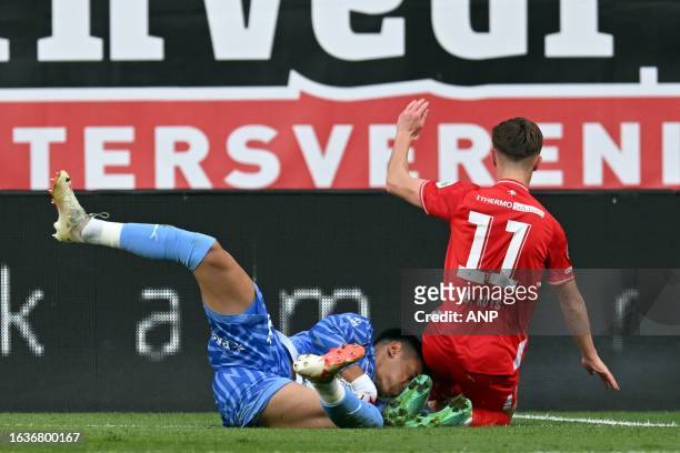 Fenerbahce SK goalkeeper Irfan Can Egribayat, Daan Rots of FC Twente during the UEFA Conference League play-offs match between FC Twente and...