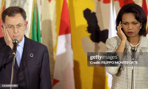 Secretary of State Condoleezza Rice gestures as Lebanese Prime Minister Fuad Siniora speaks at a press conference at the Italian Foreign Ministry 26...