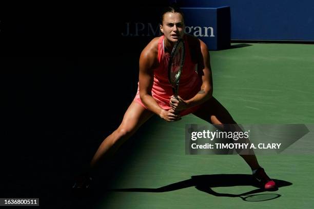 Belarus's Aryna Sabalenka looks on against Britain's Jodie Burrage during the US Open tennis tournament women's singles second round match at the...