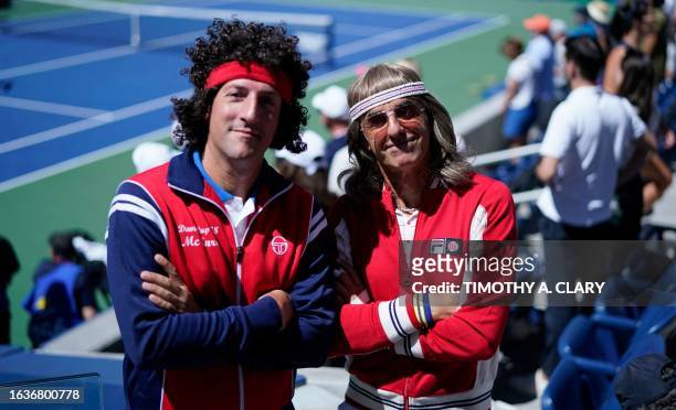 Italian fans Andrea Camarin and Fabrizio Genovese who go by "BorgMcEnroe" attend the US Open tennis tournament at the USTA Billie Jean King National...